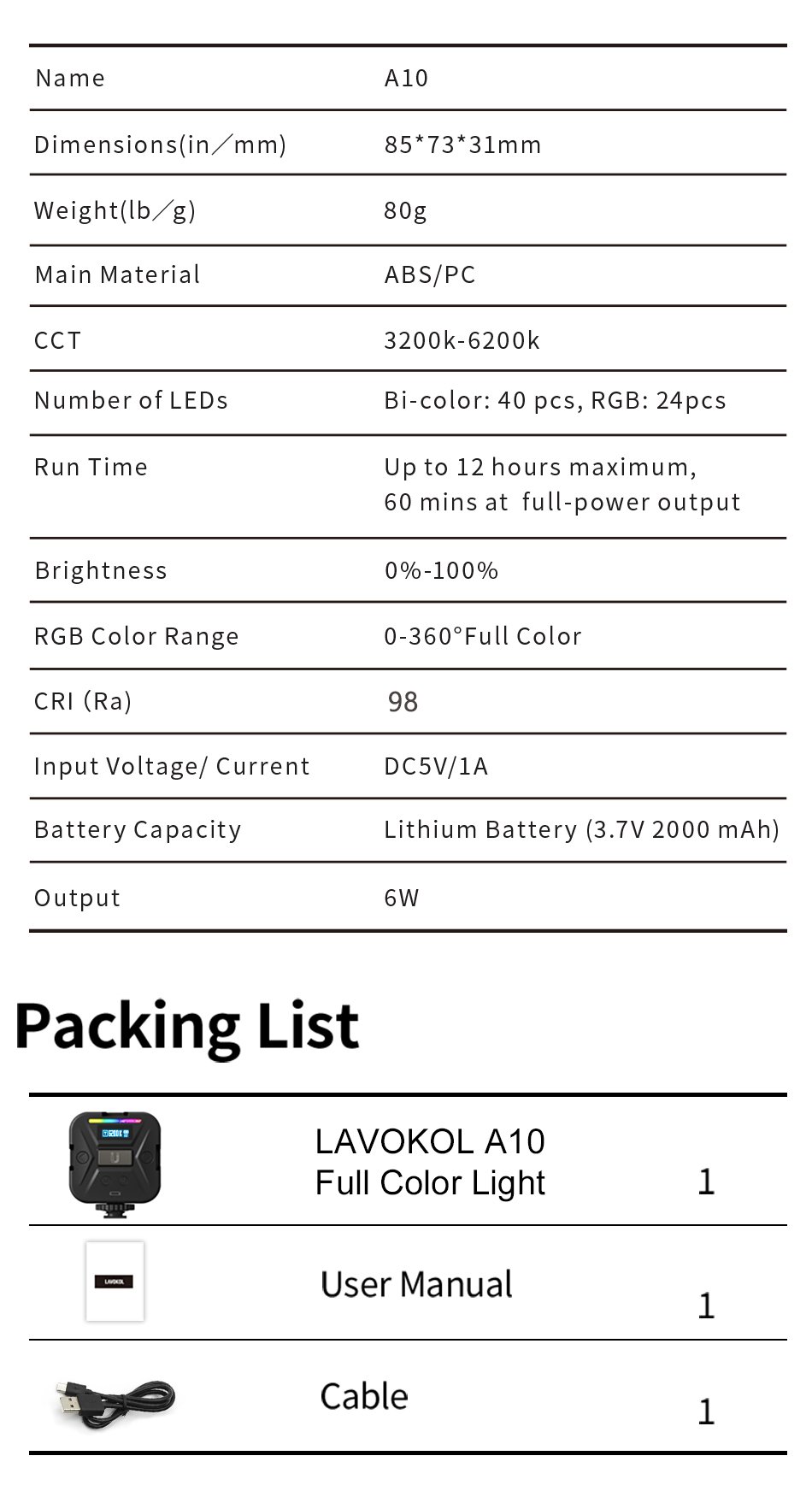 LAVOKOL A10 RGB Light Mini LED Panel Camera Lamp APP Smartphone Photo Video Photographic Lighting for Youtube Tiktok Vlog CRI 98