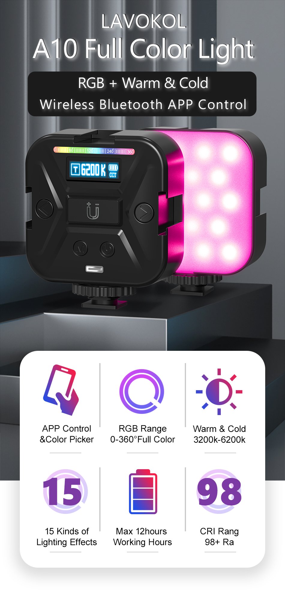 LAVOKOL A10 RGB Light Mini LED Panel Camera Lamp APP Smartphone Photo Video Photographic Lighting for Youtube Tiktok Vlog CRI 98
