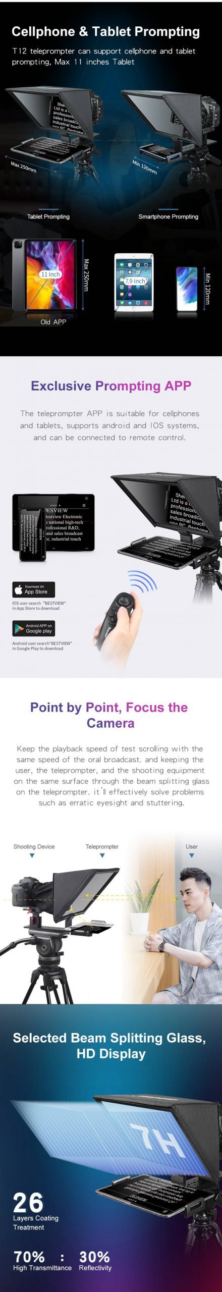 Bestview T12 Teleprompter for 11 inch iPad Tablet Phone DSLR Camera Prompter For TV Interview Speech Live Fold Reader Prompter