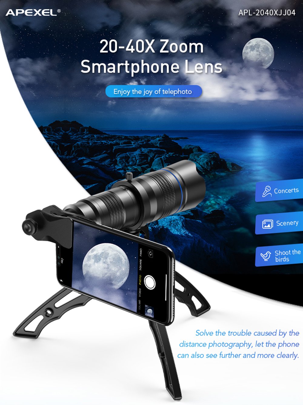 APEXEL Professional HD Telephoto Zoom Phone Lens 20-60X Powerful Monocular Telescope Mobile Telephoto Lens for Camping Tourism