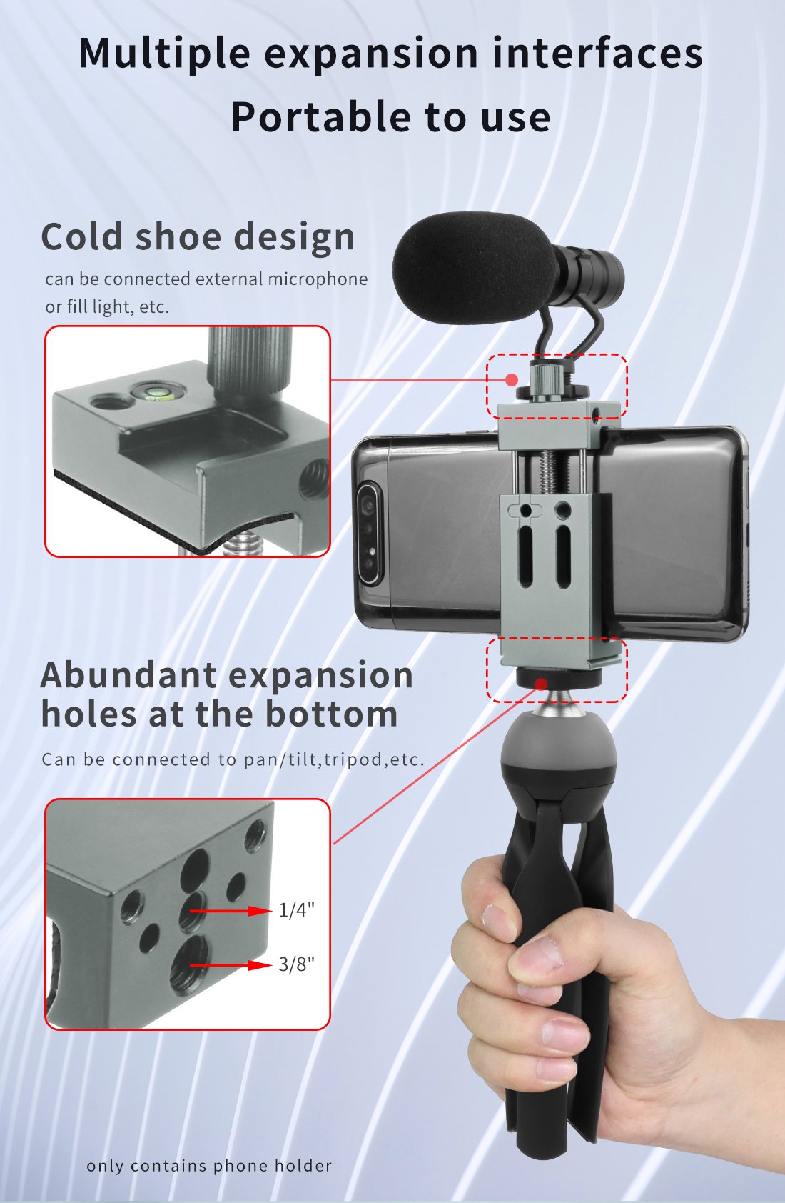 Mobile Phone Holder Clip for GoPro Flashlight Microphone Smartphone w Spirit level Cold Shoe Mount 1/4 3/8 Tripod Clamp Bracket