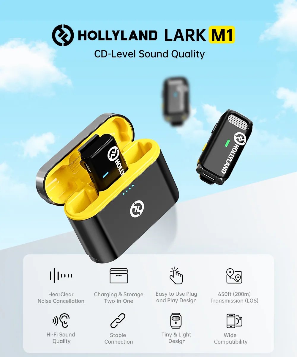 Hollyland Lark M1 Microfone Lavalier Sem Fio 2.4Ghz com Estojo de Carregamento para Vlog Entrevista Live Streaming Microfone Sem Fio Os tributos de importação estão incluídos