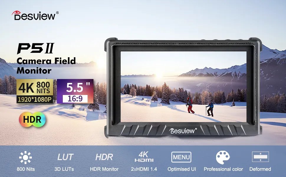 Desview P5II Camera Field Monitor 5.5 Inch 3D LUT DSLR 4K HDMI 1920X1080 800nit Brightness With Tilt Arm Support DC Power Supply